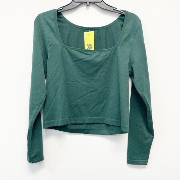All In Motion Lurex Sparkle Shimmer Seamless Cropped Long Sleeve Top Green XXL - Picture 2 of 6